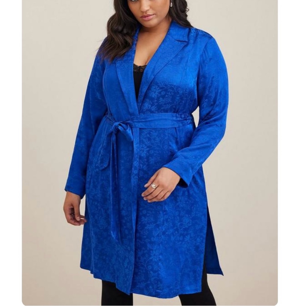 NWT Torrid Royal Blue Jacquard Tie Waist Open Front Trench Coat 2X